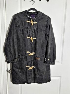 Denim & Co. Denim Duffle Coat. Black Hooded Utility Jacket Medium
